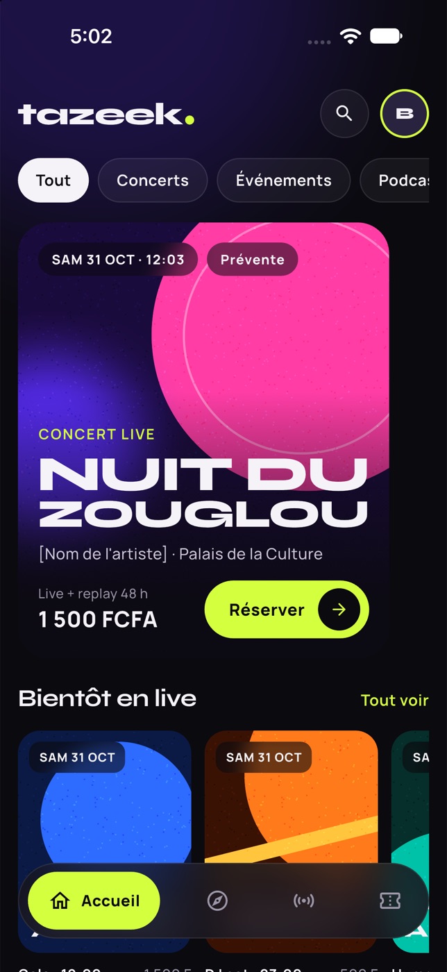 Accueil de l'application Tazeek